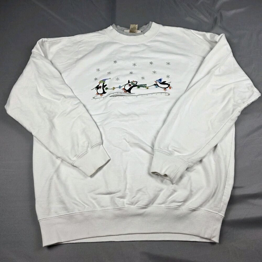 Retro Penguin Winter Wonderland Crewneck Sweatshirt White L Grandma Cottagecore